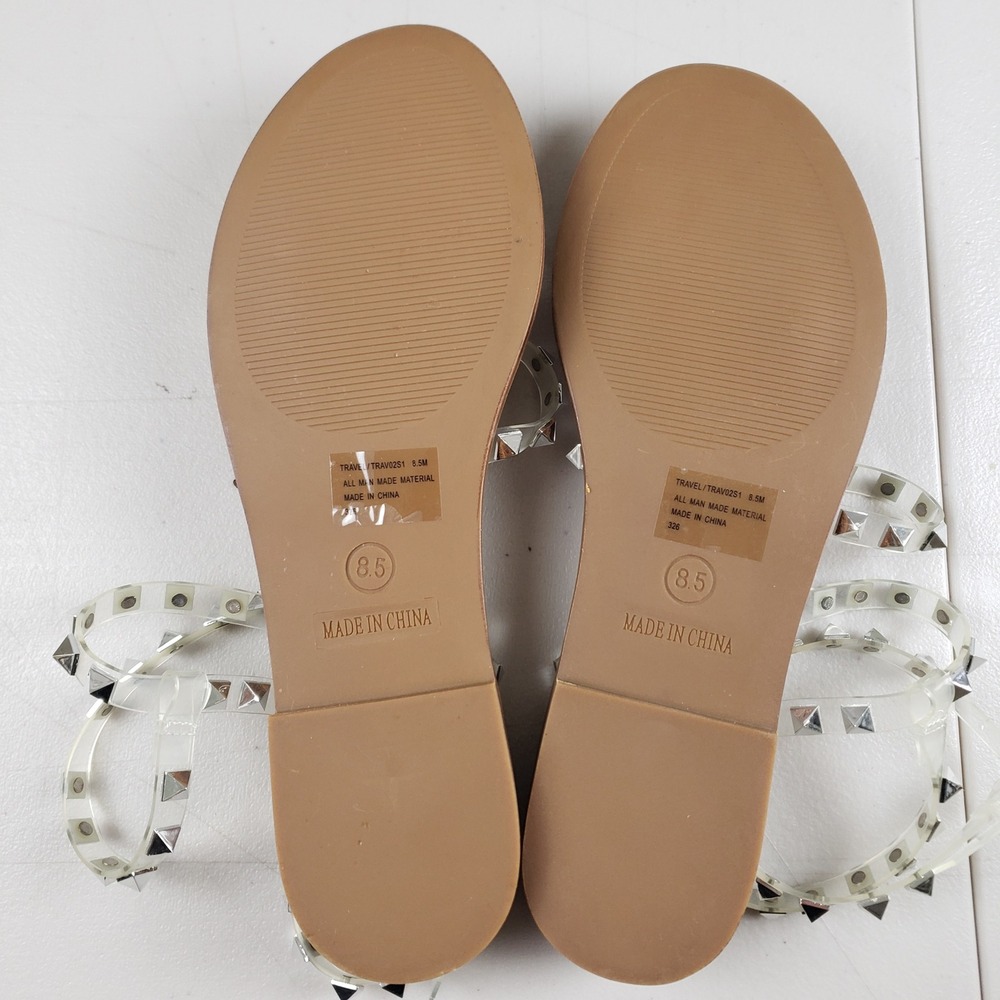 Steve Madden Travel Clear Tan Silver Pyramid Studded Gladiator Sandals 8.5M - Picture 10 of 11